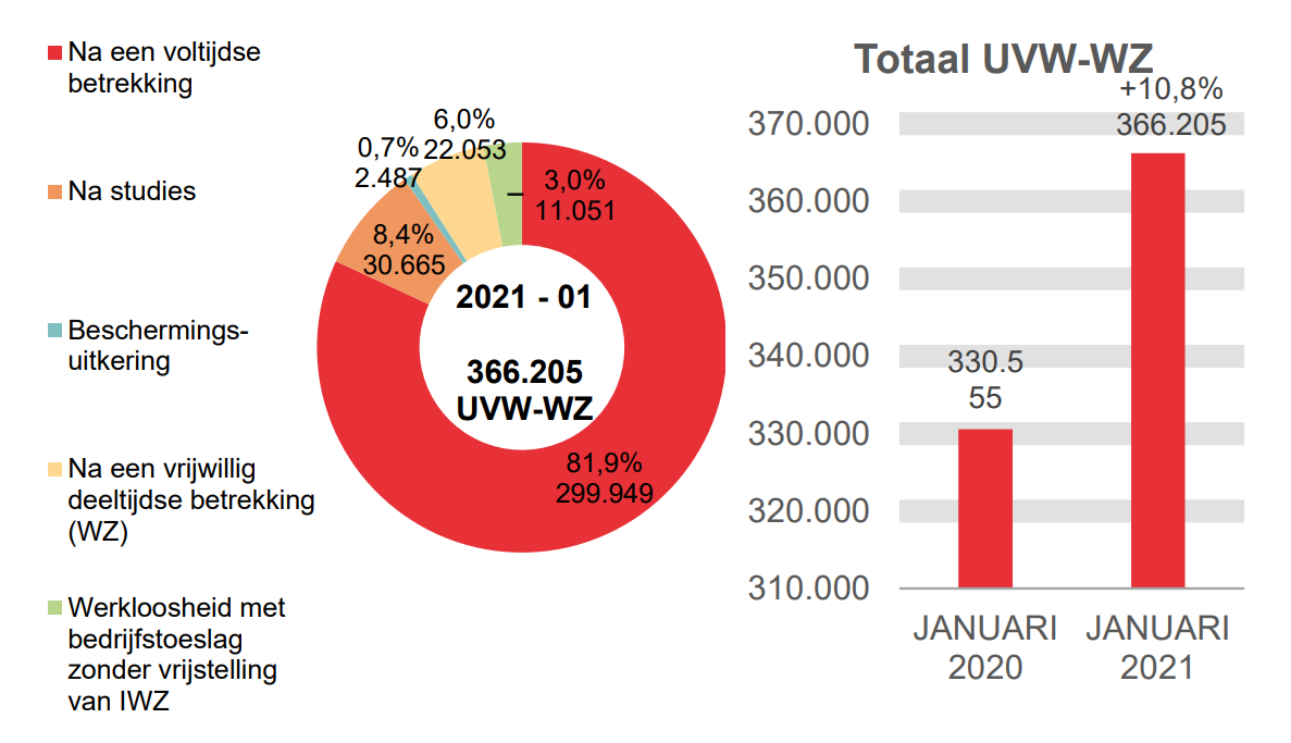 366.205 UVW-WZ in 2021 - 01: 299.949 (81,9%) na een voltijdse betrekking, 30.665 (8,4%) na studies, 22.053 (6,0%) beschermings-uitkering et 366.205 (3,0%) na een vrijwillig deeltijdse betrekking (wz)	Totaal UVW-WZ: 330.555 in JANUARI 2020 en 366.205 in JANUARI 2021 (+10,8%)