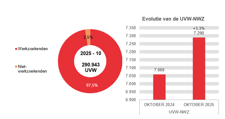 202.510 UVW in 2025 - 10: 283.653 (97,5%) werkzoekenden en 7.290 (2,5%) niet-werkzoekenden Evolutie van de UVW-NWZ: 7.060 in OKTOBER 2024 en 7.290 in OKTOBER 2025 (+3,3%)